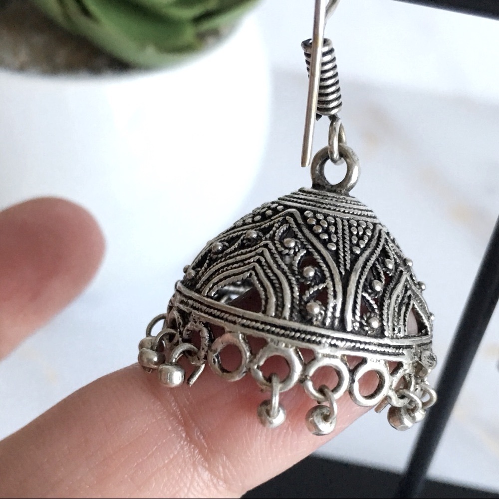 Silver Plated Brass Jhumka Earrings Oxidized Look - Picture 3 of 7